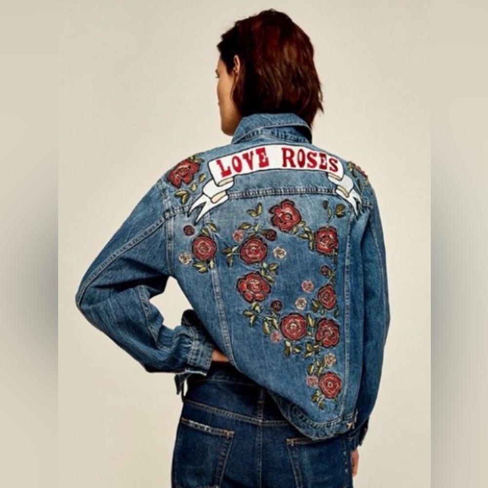 Zara Blue Denim Jacket with Red Embroidery & Beads, Size M